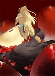 apple backless_dress backless_outfit black_dress blonde_hair blue_eyes bow chachie dark_skin dress eating food fruit long_hair nail_polish open_mouth original raspberry red_background sitting solo yellow_nails 