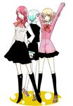  aqua_hair boots brown_hair cardigan hinoda_maki kirijou_mitsuru multiple_girls pantyhose persona persona_3 red_hair ribbon school_uniform skirt smile socks takeba_yukari yamagishi_fuuka 