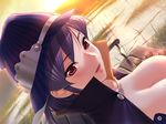  bench blush breasts cleavage game_cg hat hitotsukane_yuuko_olivia huge_breasts majodou open_mouth outdoors purple_hair red_eyes sano_toshihide sitting smile solo 