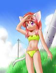  :3 animal_ears bikini cat_ears cat_tail copyright_request day ebifly flat_chest grass nature purple_eyes red_hair solo swimsuit tail 