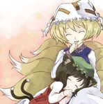  animal_ears bad_id bad_pixiv_id blonde_hair brown_hair cat_ears cat_tail chen closed_eyes earrings fox_tail hat ichii_(retroco) jewelry lap_pillow long_sleeves multiple_girls multiple_tails pillow_hat ribbon short_hair sleeping tail tassel touhou yakumo_ran 