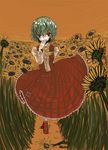  ascot covering_mouth field flower flower_field green_hair ien kazami_yuuka nature necktie plaid plaid_skirt plaid_vest red_eyes short_hair skirt skirt_set sky solo sunflower touhou vest 