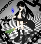  aura bad_id bad_pixiv_id bangs belt bikini_top black_hair black_rock_shooter black_rock_shooter_(character) boots breasts chain checkered cleavage coat front-tie_top highres jacket katana knee_boots long_hair midriff mocchi navel purple_eyes short_shorts shorts small_breasts solo spring_onion star staring sword themed_object twintails underboob uneven_twintails very_long_hair weapon 