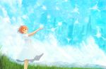  blue_sky brown_eyes city cloud cloudy_sky commentary_request day dress fairy field grass highres horizon look mountain orange_hair original outdoors outstretched_arms parted_lips sakimori_(hououbds) scenery short_hair short_sleeves sky smile white_dress 