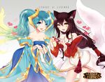  ahri animal_ears aqua_hair bare_shoulders breasts cleavage detached_sleeves fox_ears fox_tail gradient_hair heart joypyonn league_of_legends long_hair medium_breasts multicolored_hair multiple_girls multiple_tails sona_buvelle tail twintails very_long_hair 