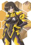  black_hair bodysuit breasts covered_nipples large_breasts long_hair misnon_the_great muvluv muvluv_alternative muvluv_total_eclipse pilot_suit purple_eyes solo takamura_yui very_long_hair 