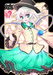  blush eyeball flower green_eyes hat heart highres komeiji_koishi open_mouth outline pointing shino_(mijinko) short_hair silver_hair smile solo symbol-shaped_pupils third_eye touhou 