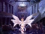  1girl angel card_captor_sakura church heart highres kinomoto_sakura mutsuki_(moonknives) naked_ribbon navel ribbon ripple ripples ruins solo water wings 