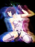  amadera_shizuki bare_shoulders belt boots cable fingerless_gloves ghost_in_the_shell gloves glowing glowing_eyes highleg highleg_leotard highres kneeling kusanagi_motoko leotard parted_lips purple_hair short_hair solo thigh_boots thighhighs 