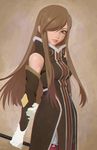  arms_behind_back brown_hair detached_sleeves gloves hair_over_one_eye hairband ilya_kuvshinov lips long_hair smile solo tales_of_(series) tales_of_the_abyss tear_grants 