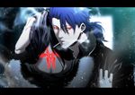  1girl bad_id bad_pixiv_id banned_artist blue_hair cigarette cu_chulainn_(fate/prototype) earrings fate/prototype fate_(series) fur_trim glowing glowing_eyes hair_grab hug jewelry letterboxed red_eyes reiroukan_misaya s_tanly smoking 