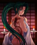  ass blue_eyes candle green_hair highres higurashi_no_naku_koro_ni long_hair mutsuki_(moonknives) nude ponytail ryuukishi07 sonozaki_mion tattoo undressing 
