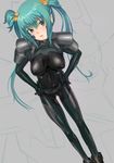  bell bodysuit breasts breasts_apart cui_yifei green_eyes green_hair hair_bell hair_ornament hands_on_hips highres legs long_hair medium_breasts muvluv muvluv_alternative muvluv_total_eclipse naoki_yukira pilot_suit solo twintails 