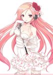 between_breasts breasts cleavage dress elbow_gloves finger_to_mouth floral_print flower gloves hair_flower hair_ornament headphones holding long_hair lucia_(pangya) medium_breasts microphone mikoto_akemi pangya red_eyes simple_background solo thighhighs wedding_dress white_background white_dress white_gloves white_legwear 