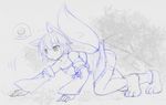  all_fours animal_ears bare_shoulders bell character_request commentary_request detached_sleeves dress fox_ears fox_tail kasuga_yukihito monochrome pangya panties paws short_hair sketch solo strapless strapless_dress tail thighhighs underwear 