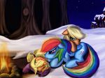  applejack_(mlp) barn blonde_hair couple cub cutie_mark detailed_background equine eyes_closed farm female feral fire friendship_is_magic green_eyes group hair horse leyanor mammal multi-colored_hair my_little_pony pegasus pony purple_eyes rainbow_dash_(mlp) rainbow_hair sleeping smile snow stars tree wings winter wood young 