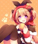  :d animal_ears azur_lane bangs black_bow black_ribbon blush bow brown_capelet brown_legwear brown_skirt capelet commentary_request cup dog_ears eyebrows_visible_through_hair fur-trimmed_capelet fur_trim hair_between_eyes hair_bow hair_through_headwear haru_ichigo head_tilt highres holding holding_cup hood hood_up light_brown_hair long_sleeves mug norfolk_(azur_lane) open_mouth orange_background purple_eyes ribbon shirt skirt sleeves_past_wrists smile solo thighhighs two_side_up white_shirt 
