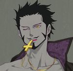  1boy black_hair cross dracule_mihawk facial_hair inverted_cross jewelry lining lowres male male_focus mouth_hold mustache necklace one_piece shichibukai solo wink yellow_eyes 