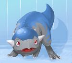  bent_over blue claws cranidos creature dinosaur fangs gen_4_pokemon looking_at_viewer looking_up no_humans nostrils pokemon pokemon_(creature) red_eyes shadow solo standing 