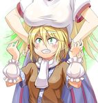  angry arm_warmers blonde_hair blush breast_envy breast_rest breasts breasts_on_head clenched_teeth green_eyes hands_on_hips head_out_of_frame hoshiguma_yuugi large_breasts long_hair mizuhashi_parsee multiple_girls pointy_ears scarf scowl shirt short_hair short_sleeves skirt tears teeth touhou usotsuki_penta 