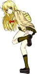  alternate_costume blonde_hair blush contemporary full_body k2isu kirisame_marisa long_hair looking_at_viewer no_hat no_headwear panties pantyshot putting_on_shoes school_uniform shoe_dangle simple_background skirt smile solo sweater touhou underwear white_background yellow_eyes 