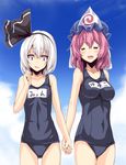  :d =_= asu_hare bad_id bad_pixiv_id blue_eyes closed_eyes hair_ribbon hairband hat highres holding_hands konpaku_youmu multiple_girls myon_(phrase) one-piece_swimsuit open_mouth pink_hair ribbon saigyouji_yuyuko school_swimsuit smile swimsuit touhou white_hair 