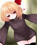  black_legwear blonde_hair bottomless hair_ribbon han_(jackpot) heart highres leaning_forward looking_at_viewer naked_sweater no_pants pov red_eyes ribbed_sweater ribbon rumia short_hair smile solo sweater thighhighs touhou zettai_ryouiki 