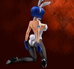  3d animal_ears ass blue_hair breasts bunny_ears bunny_tail bunnysuit caught_from_behind costume from_behind gloves high_heels highres huge_breasts ikkitousen large_breasts pantyhose ryomou_shimei shoes short_hair sideboob tail takahirokun 