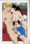  2girls ass bed black_eyes black_hair blonde_hair blush boots breasts brown_hair capcom chun-li colored crossover eyes_closed fatal_fury fellatio girl_on_top group_sex king_of_fighters kiss large_breasts lick licking multiple_girls nipples oral penis ponytail pubic_hair pussy saigado saigadou saliva sex shiranui_mai snk street_fighter sweat terry_bogard threesome tongue tongue_out uncensored 
