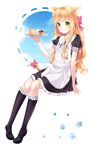  animal_ears bad_deviantart_id bad_id bell blonde_hair cat_ears cat_tail cup green_eyes hitsukuya holding long_hair maid original paw_print smile solo tail tail_bell tray 