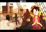  3girls 6+boys 6boys abs black_hair boa_hancock brook clenched_hand cloud clouds copyright_name epaulettes epic female fist franky hat jacket_on_shoulders jewelry jolly_roger letterboxed male monkey_d_luffy multiple_boys multiple_girls nami nami_(one_piece) necklace nico_robin one_piece open_clothes open_vest pirate red_vest roronoa_zoro sanji scar ship silhouette standing straw_hat title_drop tony_tony_chopper usopp vest weapon widow 