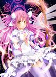  amayofuu blush bow_(weapon) breasts dress feathers kaname_madoka long_hair mahou_shoujo_madoka_magica orange_eyes pink_hair small_breasts solo thighhighs two_side_up ultimate_madoka weapon white_dress white_legwear 