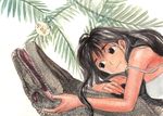  ayanashi_kunio black_hair commentary dinosaur long_hair lying original strap_slip velociraptor 