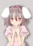  animal_ears bad_id bad_pixiv_id blush brown_hair bunny_ears carrot carrot_necklace clenched_hands dress frown grey_background hands_on_own_chest high_collar inaba_tewi index_finger_raised jewelry looking_at_viewer necklace pendant pink_dress puffy_sleeves red_eyes short_hair short_sleeves solo striped striped_background touhou upper_body warashi 