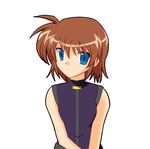  bare_shoulders blue_eyes brown_hair highres lyrical_nanoha magical_girl mahou_shoujo_lyrical_nanoha mahou_shoujo_lyrical_nanoha_a's mahou_shoujo_lyrical_nanoha_a's_portable:_the_battle_of_aces material-s no_jacket smile solo white_background 