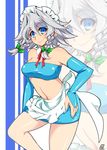  alternate_costume apron bandeau bangs bare_shoulders blue_eyes blue_skirt bow braid breasts bridal_gauntlets cleavage cowboy_shot detached_collar eyebrows_visible_through_hair frilled_apron frills hair_between_eyes hair_bow hair_intakes hand_on_hip highres izayoi_sakuya latex looking_at_viewer maid maid_headdress medium_breasts midriff miniskirt navel neck_ribbon pencil_skirt pink_lips red_neckwear red_ribbon ribbon shiny shiny_clothes shiny_skin short_hair silver_hair skirt smile solo standing stomach tajima_yuuki thighs touhou twin_braids waist_apron white_apron zoom_layer 