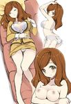  ass bad_id bad_pixiv_id belt blush bra breast_hold breasts brown_hair butt_crack cleavage closed_eyes kise_chiharu large_breasts lying mature nipples nude on_back open_clothes precure sleeping smile smile_precure! solo thigh_gap underwear underwear_only yukiwo 