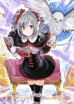  bird black_legwear book dress drill_hair gloves highres holding holding_book idolmaster idolmaster_cinderella_girls kanzaki_ranko nerotarou@seven open_book owl red_eyes silver_hair smile solo thighhighs twin_drills twintails white_gloves 