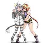  2girls ahoge anita_(k2isu) blush breast_grab breasts cat_tail grabbing k2isu medium_breasts multiple_girls open_mouth original short_hair simple_background striped striped_legwear tail thighhighs white_background yashiro_(lockheart) 