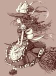  apron bow broom broom_riding full_body hat hat_bow kansou_samehada kirisame_marisa long_hair monochrome profile simple_background solo touhou wind witch witch_hat 