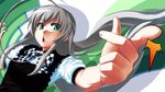  :o ahoge checkered dutch_angle fingers foreshortening genb green_eyes haiyore!_nyaruko-san hands huge_ahoge long_hair nyarlathotep_(nyaruko-san) open_mouth pointing silver_hair snapping_fingers solo 