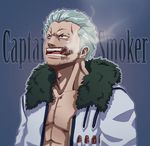  1boy battousai777 blue_background character_name cigar coreymill frown fur_trim jacket male male_focus muscle one_piece open_clothes open_jacket open_mouth simple_background smoker smoking solo text white_hair white_jacket 
