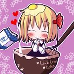  ^_^ bad_id bad_pixiv_id blonde_hair bowl closed_eyes dress_shirt eating egg food food_on_head hair_ribbon heart milk mitsurugi_hechia object_on_head ribbon rumia shirt short_hair smile solo star sunny_side_up_egg touhou whisk 