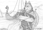  armor boat canine dog hair j&#228;mthund long_hair mammal melee_weapon midgardian monochrome qzurr sergal solo standing sword viking weapon 