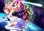  din_(raiden) earth fingerless_gloves gloves headset highres long_hair looking_at_viewer open_mouth red_eyes red_hair sf-a2_miki sf-a2_miki_(2012_ver) shooting_star sky smile solo space sparkle star star_(sky) starry_sky thighhighs vocaloid zettai_ryouiki 