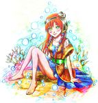  1girl barefoot bubbles chrono_(series) chrono_cross green_eyes leena legs long_hair long_skirt red_hair rena_(chrono_cross) skirt smile solo 