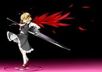  blonde_hair closed_eyes darkness desert_eagle ex-rumia gun hair_ribbon handgun huge_weapon mary_janes natsuki_mitsu necktie pistol red_wings ribbon rumia shirt shoes short_hair skirt skirt_set solo sword touhou trigger_discipline vest waves weapon wings 