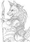  arrow asian bow canine female fox hyena kikivuli line_art monochrome multiple_tails necklace plain_background qzurr ranged_weapon smile solo stick weapon white_background 