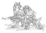  couple dust ear_piercing eyewear female gnoll goggles hyena knife line_art mammal monochrome piercing qzurr ranged_weapon sitting weapon 