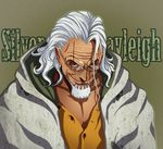  1boy battousai777 beard character_name cloak coreymill facial_hair glasses green_background looking_at_viewer male male_focus man one_piece open_collar scar shirt silvers_rayleigh simple_background smile solo white_hair yellow_shirt 